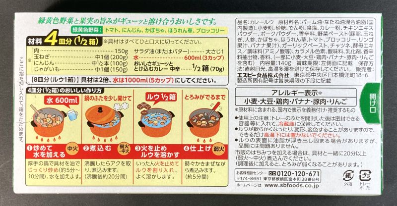 エスビー食品株式会社 おいしさギューッと とけ込むカレー 中辛のパッケージ裏側